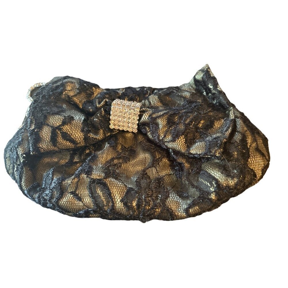 Alexia Crawford Evening Clutch Purse Black Lace Bow Exterior Rhinestone Chain